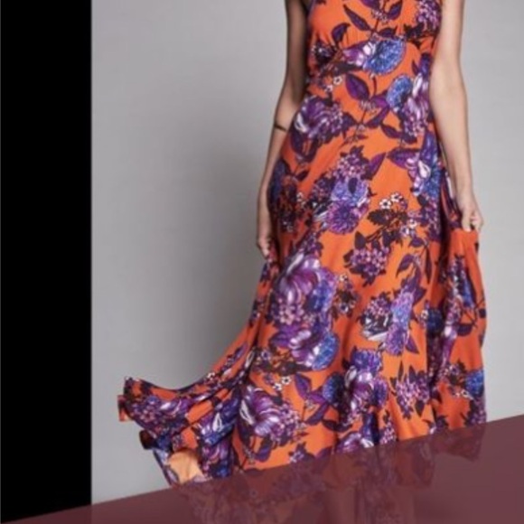 Free People size 10 EUC Orange and Blue Spaghetti Strap midi/maxi dress - Picture 4 of 15